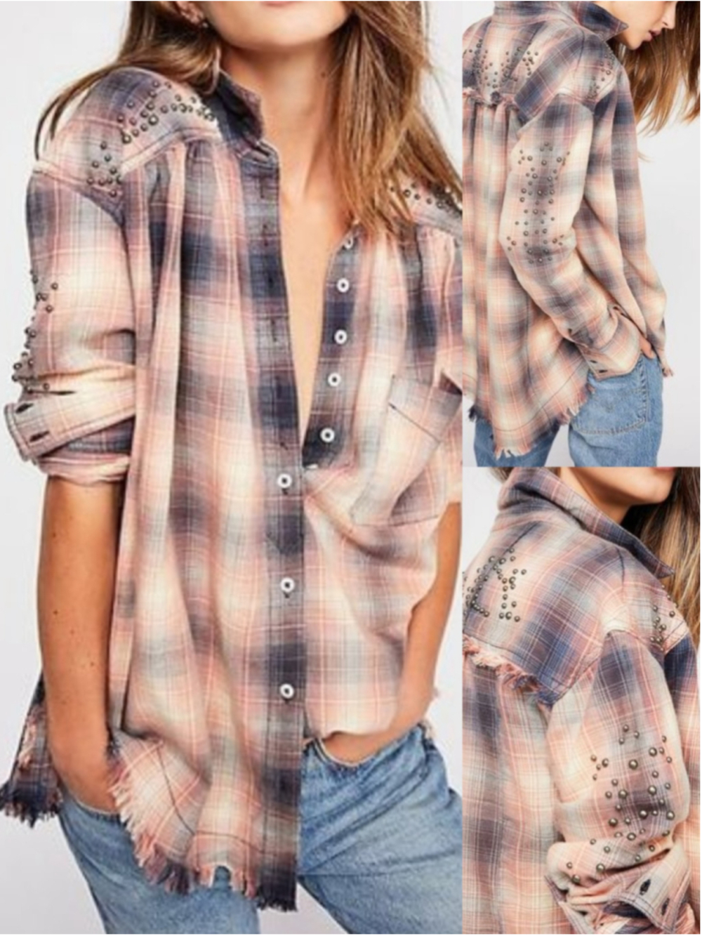 Free People Take Me On Studded Plaid Button Down Women's XS Red Blue